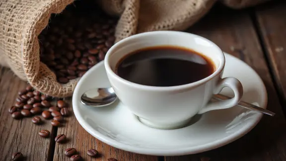 Eine Tasse mit Kaffee steht neben einem Sack mit Kaffeebohnen auf einem Tisch.