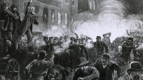 Historische Illustration des sogenannten Haymarket Riot in Chicago im Mai 1886.
