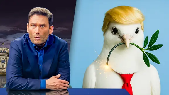 Eine Friedenstaube mit der Frisur von US-Präsident Donald Trump mit Olivenzweig, die eine brennende Zündschnur hat, im Mund. Daneben Christian Ehring. (extra 3 vom 26.06.2025 im Ersten) (Bild hat KI-generierte Elemente)