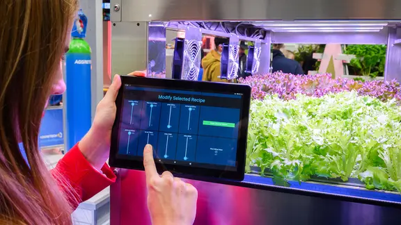 Eine Person zeigt auf der Landtechnik-Leitmesse Agritechnica ein Gewächshaus mit LED-Beleuchtung und künstlicher Bewässerung. | picture Alliance/dpa/Julian Stratenschulte, Julian Stratenschulte Eine Person zeigt auf der Landtechnik-Leitmesse Agritechnica ein Gewächshaus mit LED-Beleuchtung und künstlicher Bewässerung.