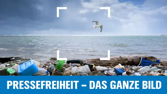 Möwe fliegt über einen Strand, der mit Müll bedeckt ist