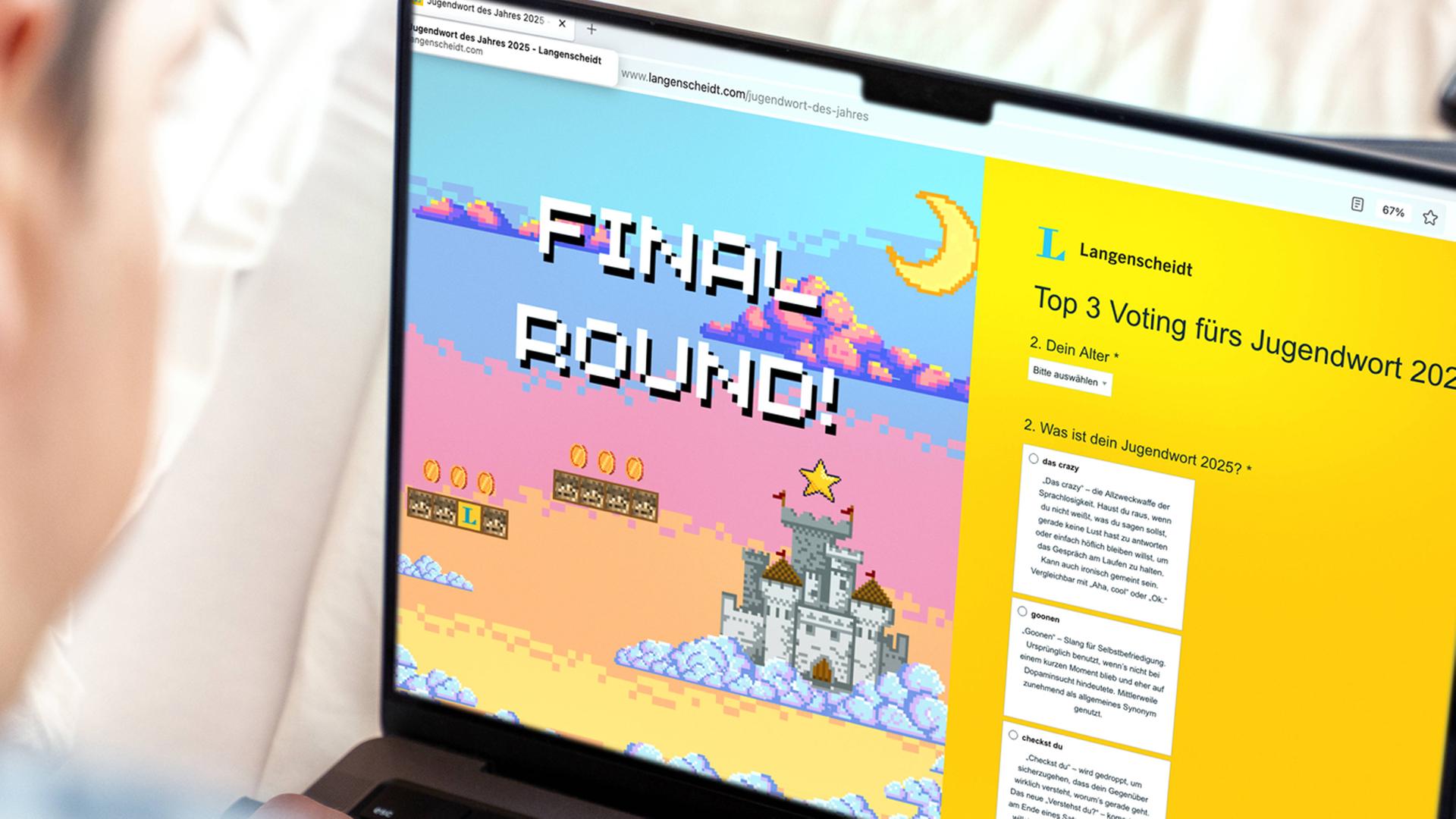 Ein Teenie sitzt vor einem Laptob, dort steht auf dem Bildschirm 