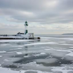 Der Leuchtturm in Sassnitz ist bedeckt mit Eis. Das Wasser ist gefroren.