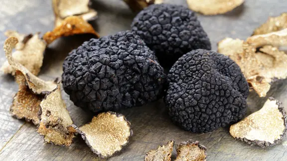 Drei schwarze Trüffel und einige Trüffelscheiben liegen auf einer Holzunterlage. | colourbox Drei schwarze Trüffel und einige Trüffelscheiben liegen auf einer Holzunterlage.