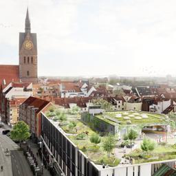 Eine Illustration eines begrünten Parkhausdachs in der Innenstadt von Hannover.