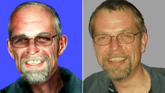 Bildkombination: Ein Foto von Ernst-Volker Staub (mutmaßlicher Ex-RAF-Terrorist) aus dem Jahr 2002 (re) und ein generiertes Aging-Foto (li). | Landeskriminalamt Niedersachsen Bildkombination: Ein Foto von Ernst-Volker Staub (mutmaßlicher Ex-RAF-Terrorist) aus dem Jahr 2002 (re) und ein generiertes Aging-Foto (li).