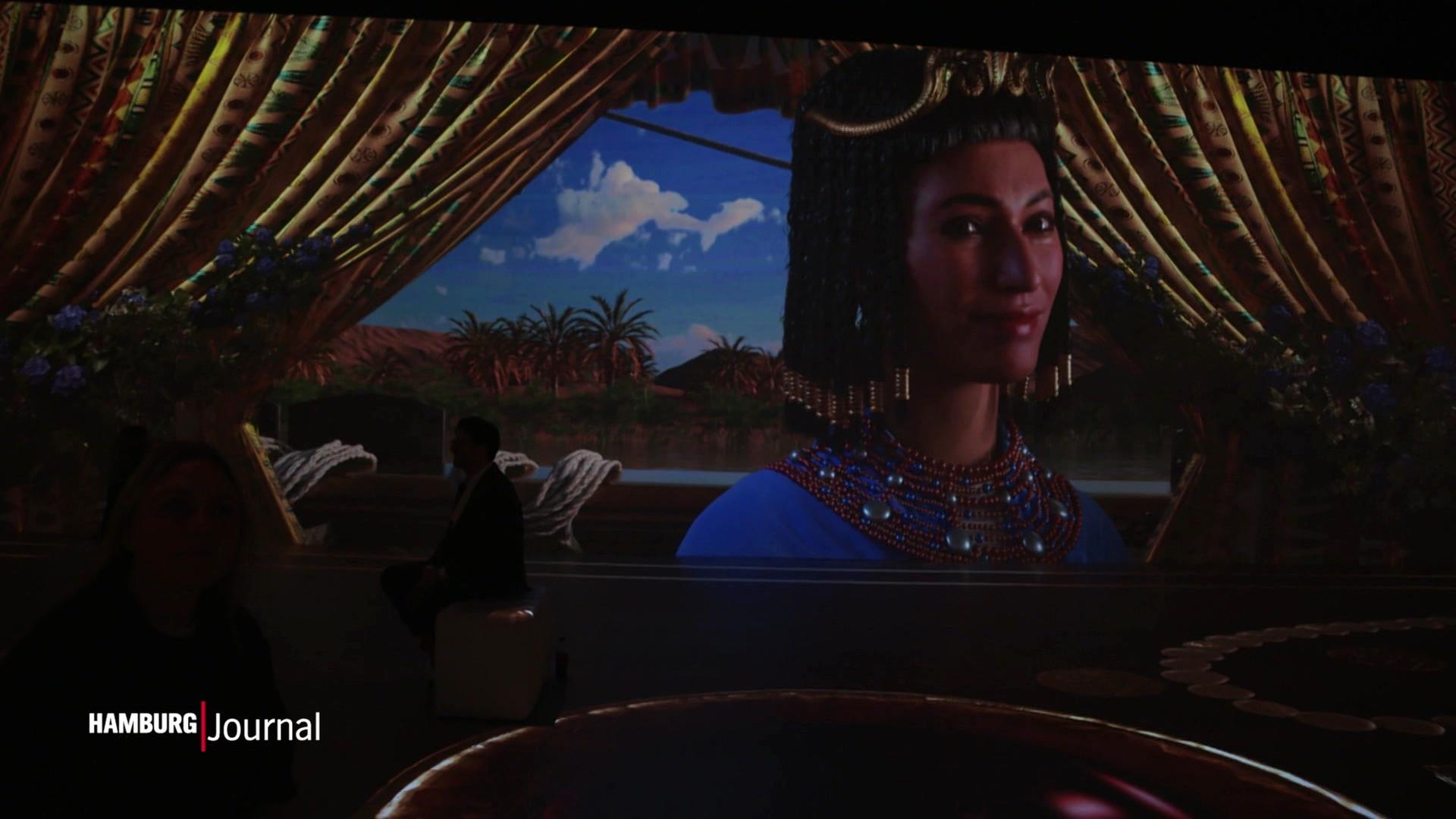 Eine 3D-Animation in einer Ausstellung zeigt das Leben von Kleopatra. | Screenshot