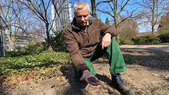 Ein Mann hält im Hamburger Park Planten un Blomen trockene Erde in der Hand