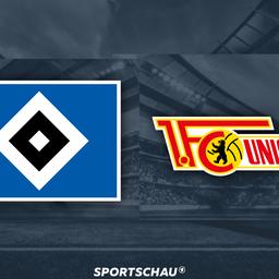 Die Grafik zeigt die Wappen des HSV und von Union Berlin .