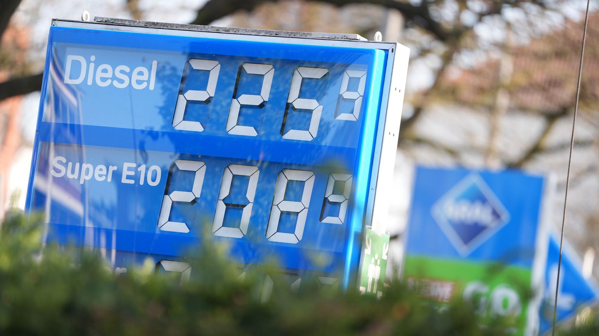 Der Literpreis für Diesel in Höhe von 225,9 Cent wird an einer Tankstelle angezeigt. | picture alliance/dpa | Marcus Brandt