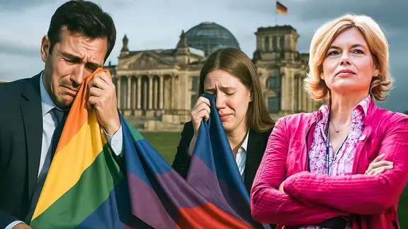 Eine Frau und ein Mann wischen sich mit einer Regenbogenflagge Tränen aus ihren Gesichtern. Rechts davon Bundestagspräsidentin Julia Klöckner, dahinter Bundestag. (extra 3 vom 26.06.2025 im Ersten) (Bild hat KI-generierte Elemente)