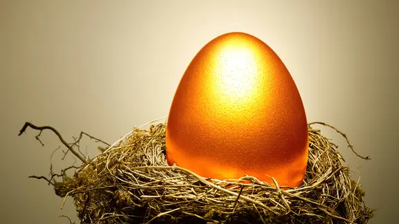 Orangefarbenes Ei in einem Nest.
