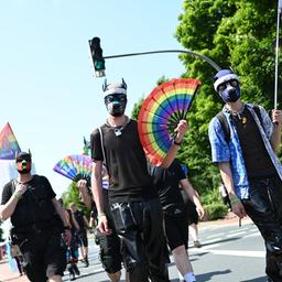 Zahlreiche Demonstranten ziehen durch die Stadt beim CSD in Emden.