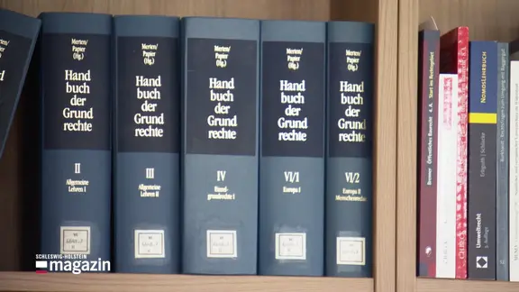 In einem Bücherregal stehen Handbücher der Grundrechte.