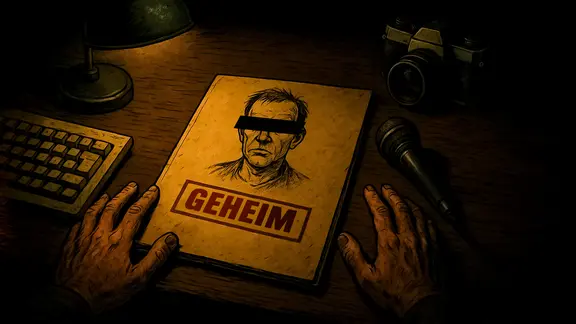 Schreibtisch von oben mit Händen über einem Dokument mit der Aufschrift "Geheim".