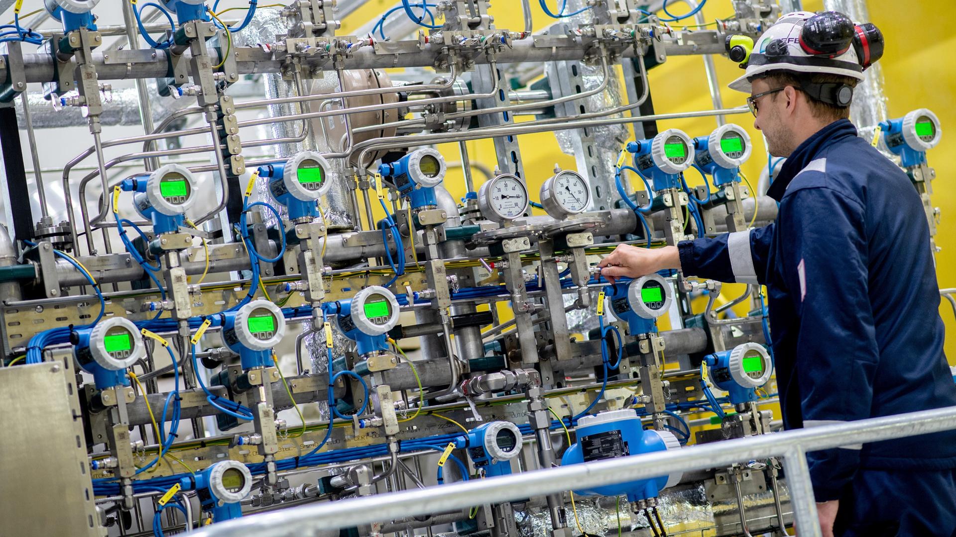 Ein Mann steht vor der Steuereinheit einer Verdichtungsanlage im Erdgasspeicher Rehden. | picture alliance/dpa, Hauke-Christian Dittrich