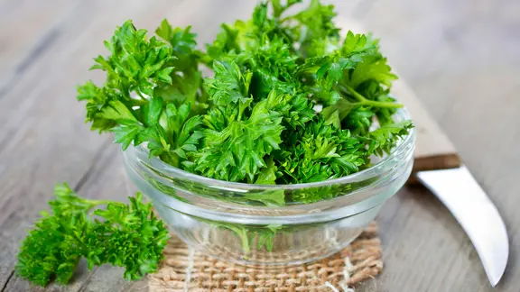 Ein Glasschälchen mit frischer Petersilie. | picture alliance / Thomas Francois/Shotshop Ein Glasschälchen mit frischer Petersilie.