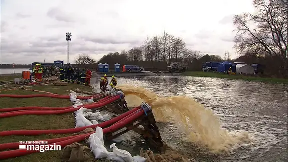 Wasser wird über mehrere Schläuche von Einsatzkräften des THW und der Feuerwehr in einem Ort in Niedersachsen abgepumpt.