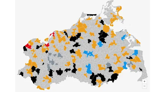 das Bild zeigt eine Karte mit Wahlergebnissen in MV