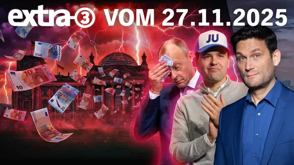 Ein schwitzender Friedrich Merz und Johannes Winkel von der JU. Daneben Christian Ehring. (extra 3 vom 27.11.2025 im Ersten) (Bild hat KI-generierte Elemente)