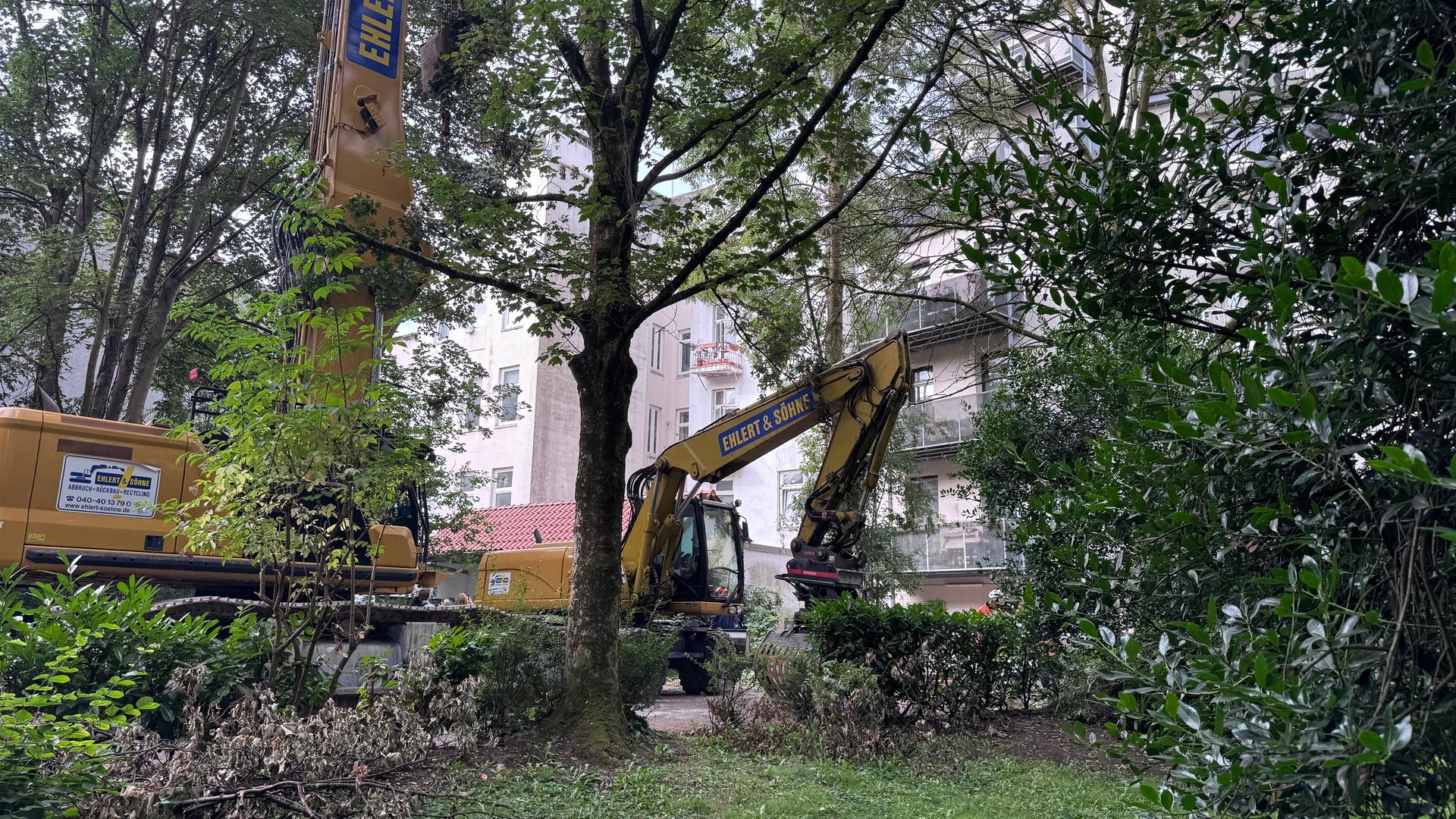 Bagger reißt einsturzgefährdetes Haus in Holstenstraße ab