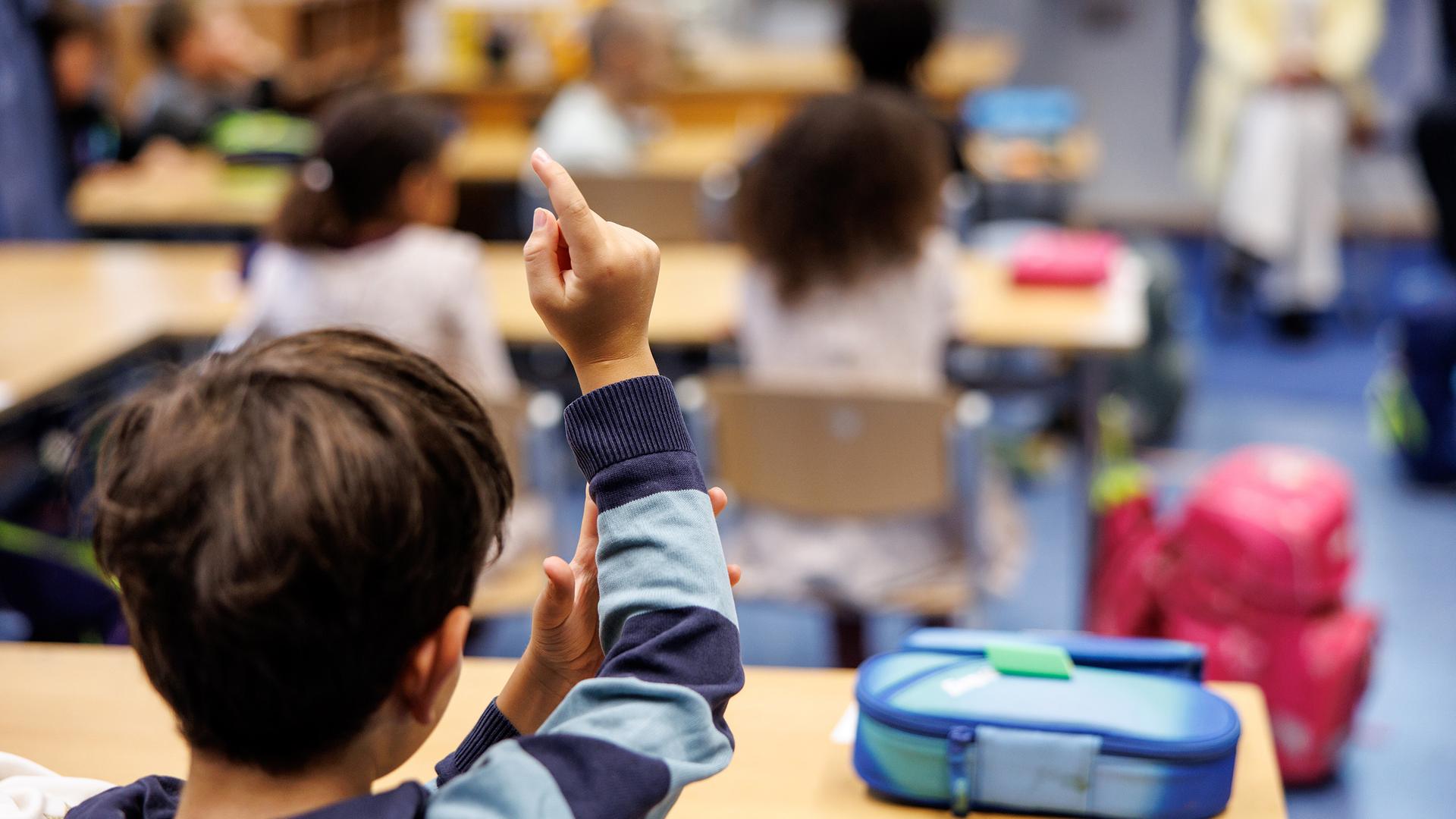 Schüler einer zweiten Klasse melden sich in einer Schulstunde. | picture alliance / dpa | Matthias Balk