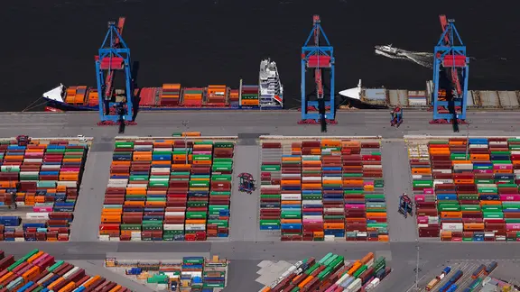 Aerial view of the Burchardkai Container Terminal at the Port of Hamburg.
