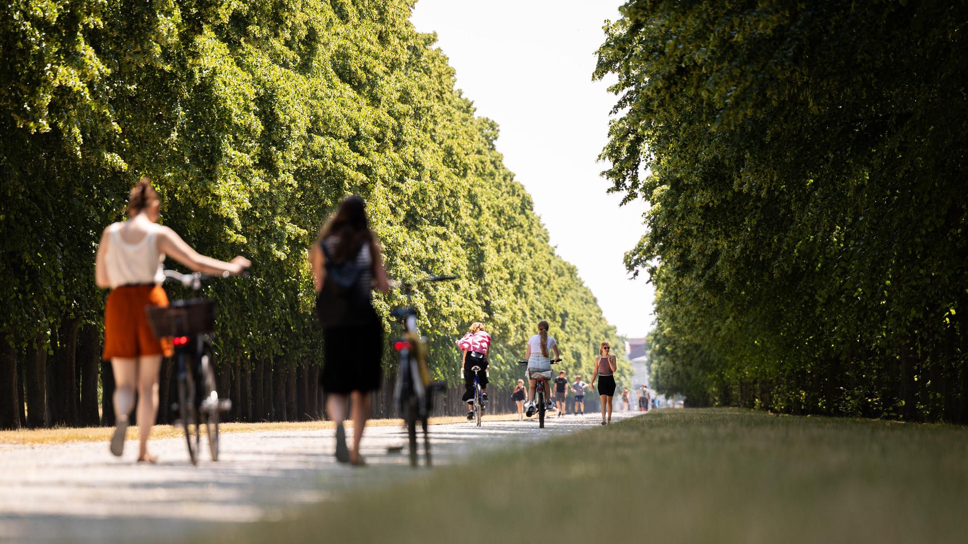 Menschen in kurzer Kleidung gehen durch einen Park | picture alliance/dpa | Michael Matthey
