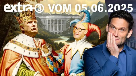 US-Präsident Donald Trump als König und Bundeskanzler Friedrich Merz als Hofnarr vor dem Weißen Haus. Daneben Christian Ehring. (extra 3 vom 05.06.2025 im Ersten) (Bild hat KI-generierte Elemente)