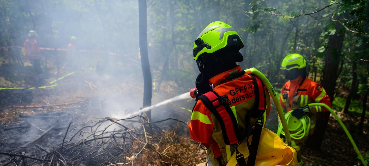 Einsatzkräfte der Feuerwehr üben die Bekämpfung von Waldbränden.
