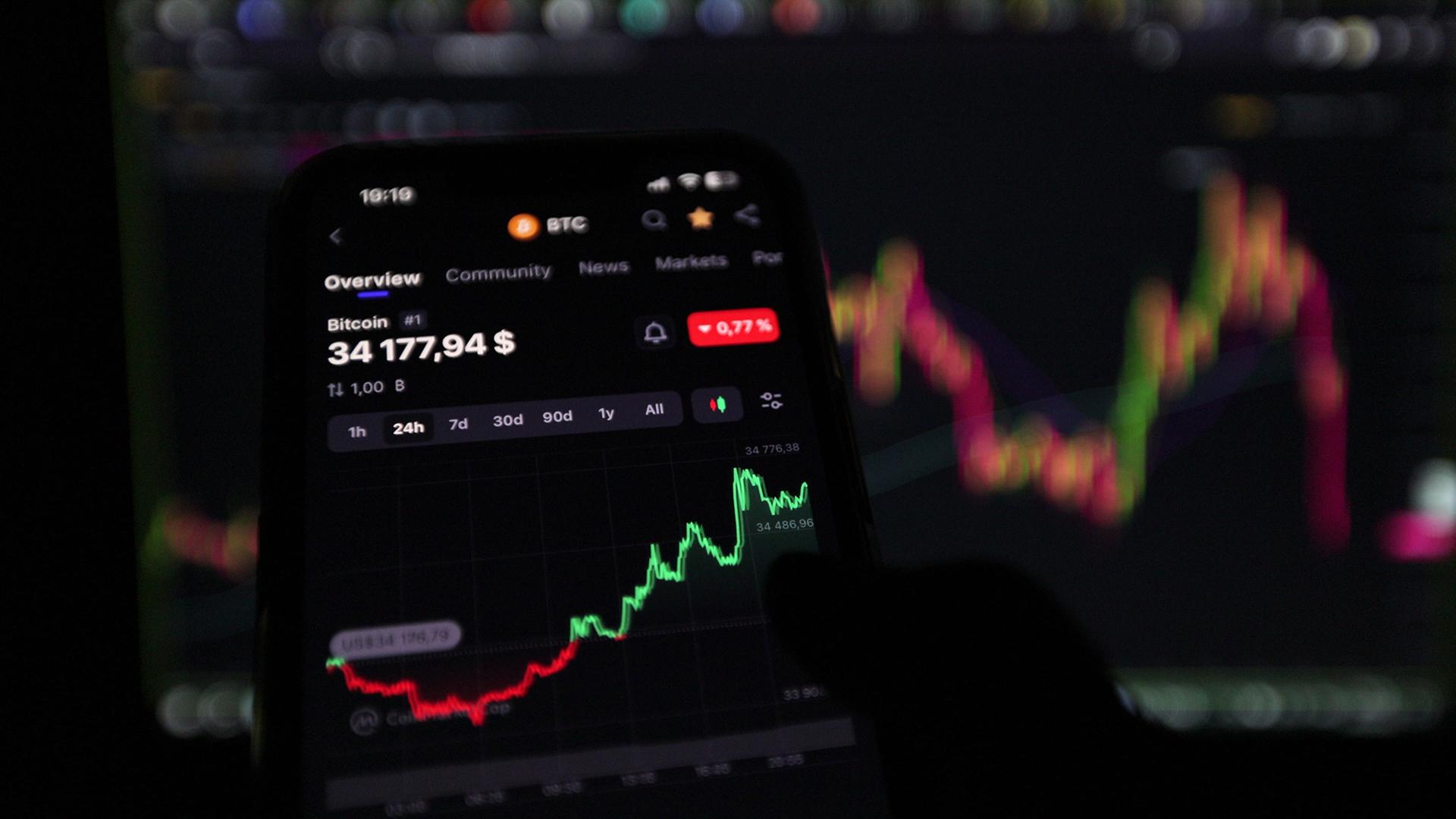 Ein Handy mit einer Anlage in Krypto-Währung auf dem Display. | Colourbox, Volodymyr Myndziak