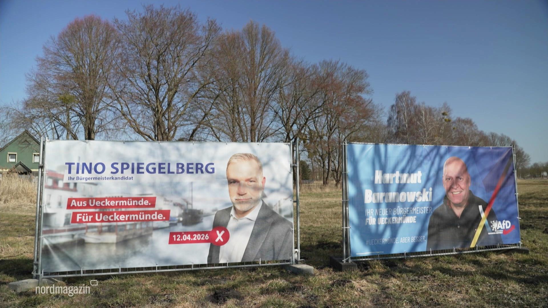 Zwei große Wahlplakate für die Bürgermeisterwahl von Ueckermünde.  | Screenshot