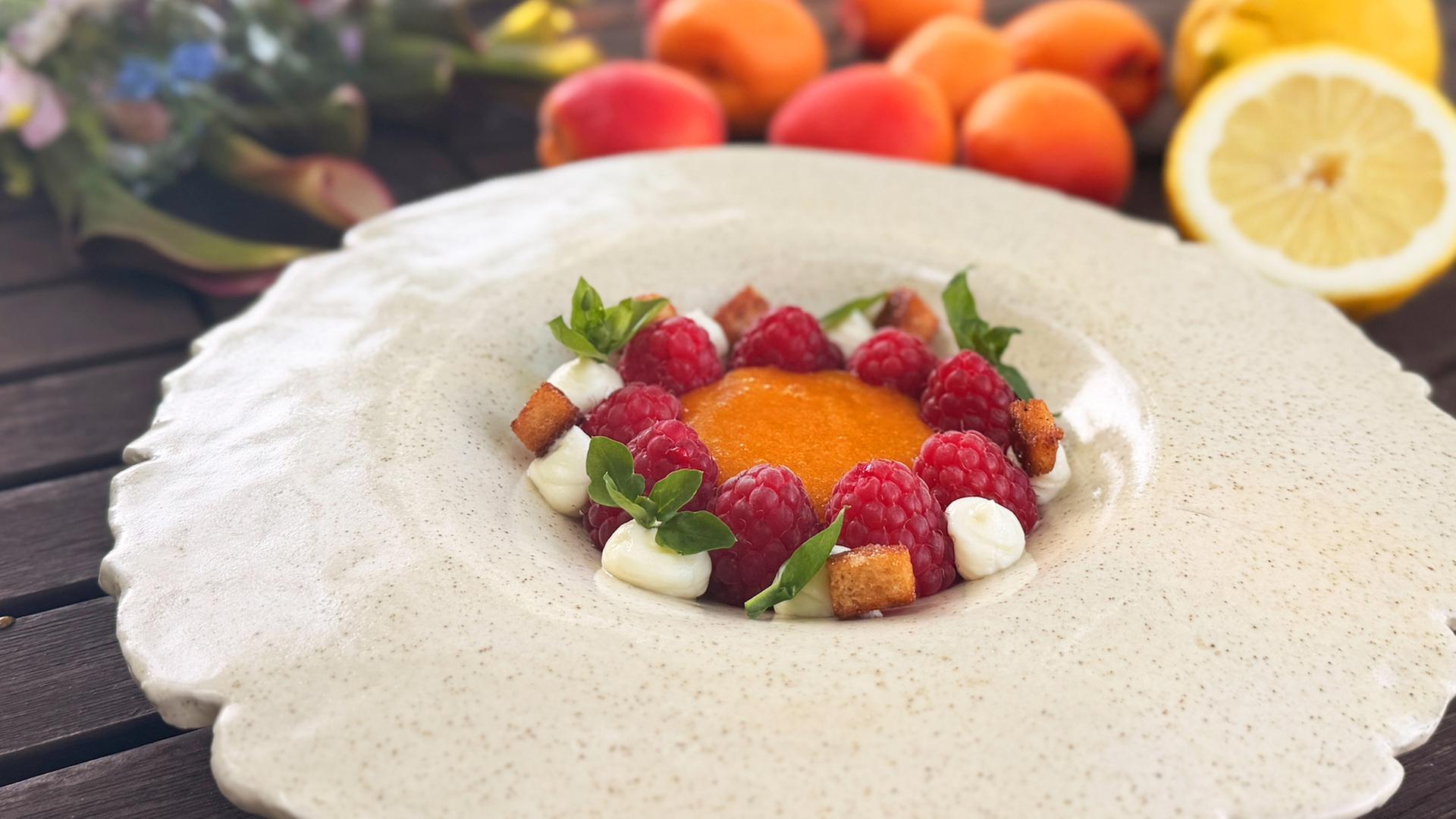 Ein Aprikosensüppchen mit gefüllten Himbeeren, im Hintergrund Aprikosen und eine Zitrone.  | NDR, Lisa Knittel