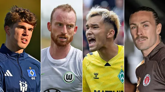 Abstiegskampf im Norden (Collage v.l.): Lukas Vuskovic vom HSV, Wolfsburgs Maximilian Arnold, Werder-Torhüter Mio Backhaus und St. Paulis Jackson Irvine