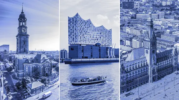 Eine Collage aus blau getönten Fotos von drei Hamburger Wahrzeichen: Michel, Elphi und Rathaus.