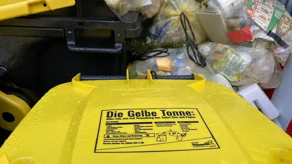 Gelbe Tonnen stehen an einer Straße.