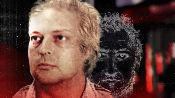 Vor dunklem Hintergrund ist ein Foto eines tatverdächtigen Mannes zu sehen und dahinter eine Zeichnung desselben Gesichts.