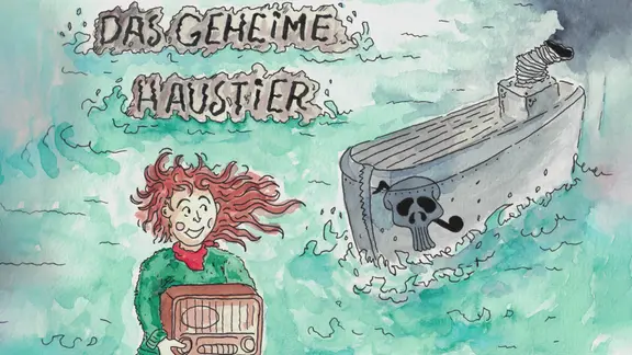 Cover zur Geschichte "Das geheime Haustier", Zeichnung/Aquarell mit einem Mädchen, das ein Radio in der Hand hält und auf ein Schiff mit qualmendem Schornstein blickt (Zeichnung: Jelto Ringena)