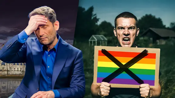 Ein Protestierender hält ein Schild mit durchgestrichener Regenbogenflagge. Daneben Christian Ehring. (extra 3 vom 26.06.2025 im Ersten) (Bild hat KI-generierte Elemente)