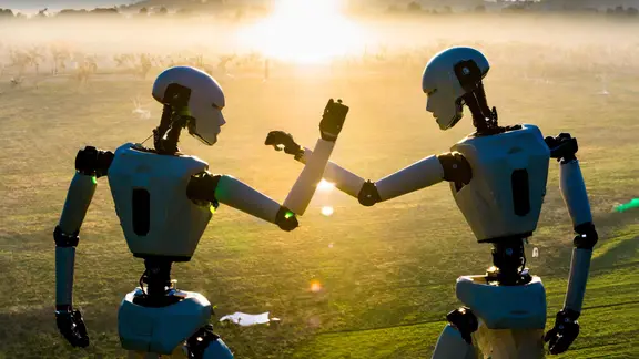 Zwei Roboter stehen sich im Wettkampf gegenüber. Fotorealistische Darstellung.