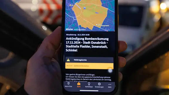 Die NINA-App zeigt ein Evakuierungsgebiet in Osnabrück.