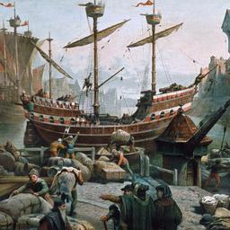 Mittelalterliche Szene im Hafen einer Hansestadt (Farblithographie)