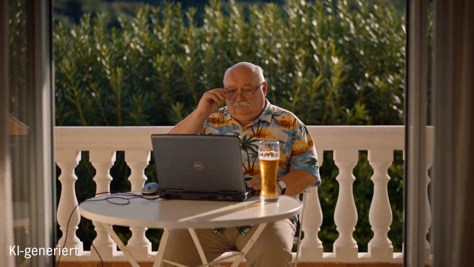 Ein KI-generierter Mann sitzt an einem Tisch vor einem Laptop | Screenshot PROMPTR