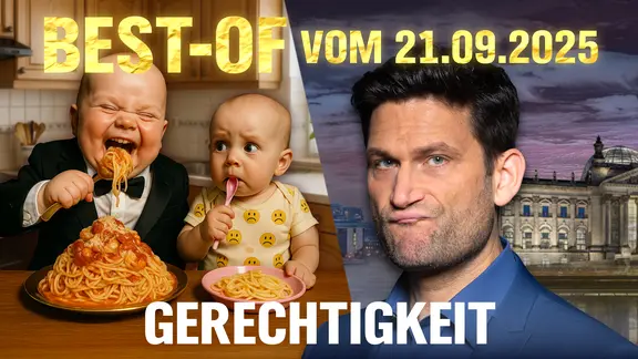 Christian Ehring mit einem Best-of Gerechtigkeit. (extra 3 Spezial: Best-of Gerechtigkeit vom 21.09.2025 im NDR Fernsehen) (Bild hat KI-generierte Elemente)