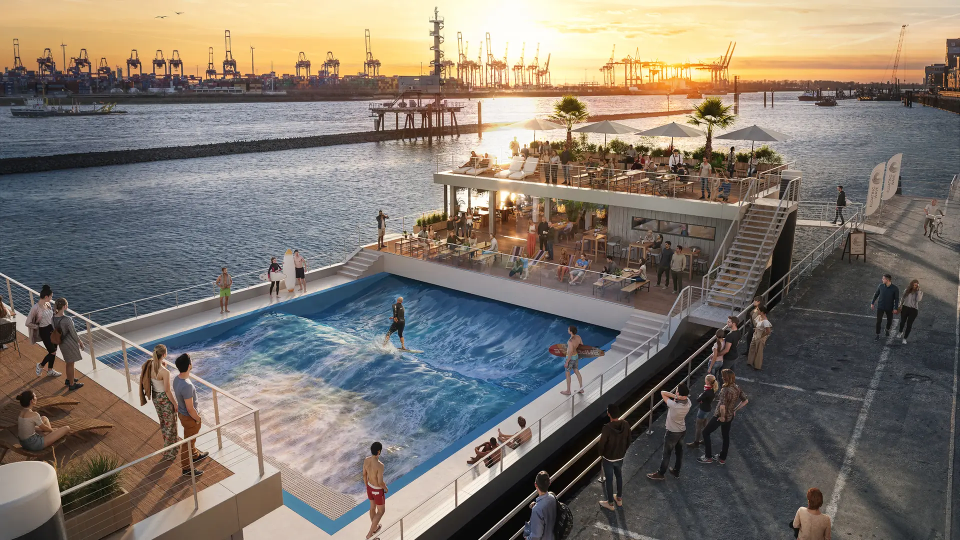 Surfen auf der Hamburger Elbe: Schwimmende Welle mit Tapas-Bar und freiem Eintritt vor Genehmigung