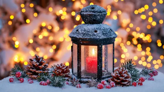 Ein Laterne mit brennender Kerze vor beleuchtetem Hintergrund