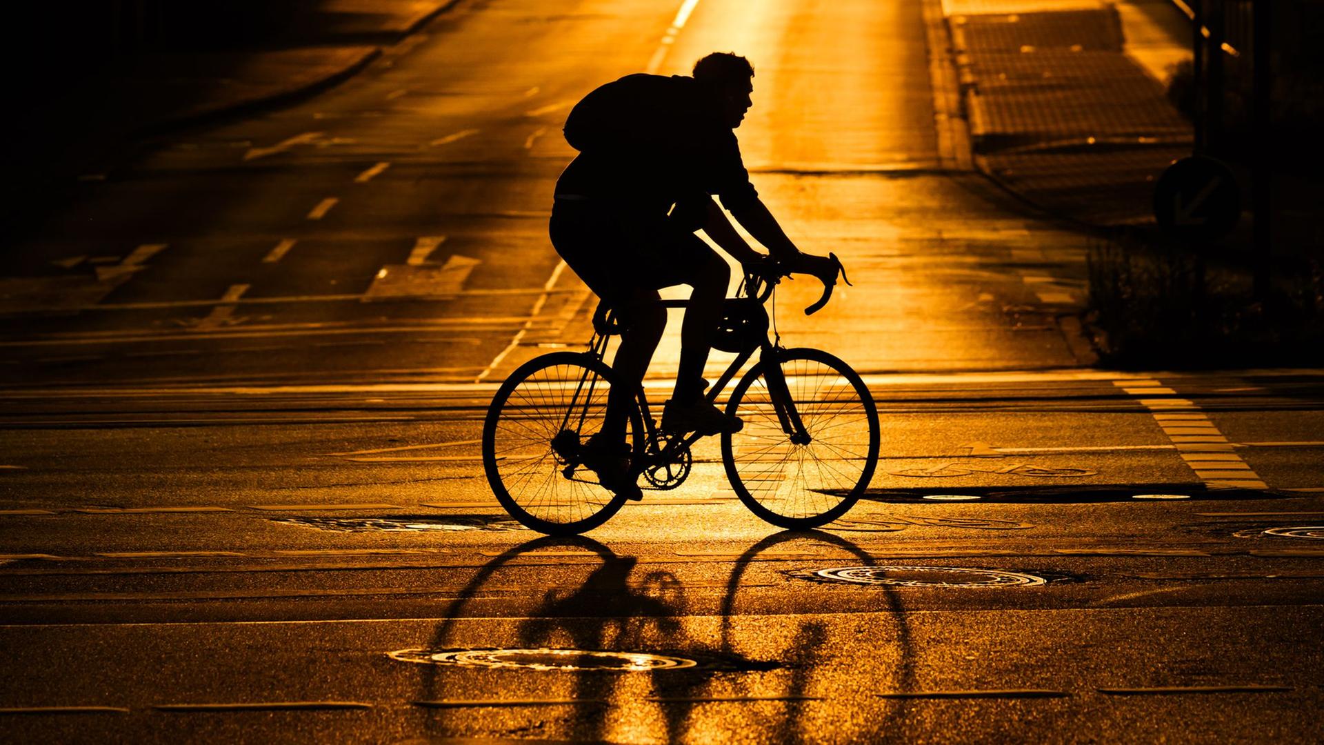Ein Radfahrer fährt über eine von der Sonne orange angestrahlte Straße | picture alliance/dpa | Julian Stratenschulte