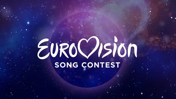 Das Logo des "Eurovision Song Contest" mit einem Herzsymbol in der Schrift, vor einem funkelnden, galaxieähnlichen Hintergrund in Blau- und Lilatönen.