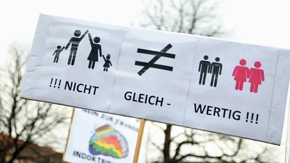 Ein Schild auf einer Demonstration mit Piktogrammen von einer Familie und homosexuellen Paaren und dem Schriftzug: "Nicht gleichwertig".