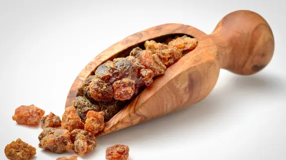 Pflanzenharz Myrrhe auf einer Holzschaufel